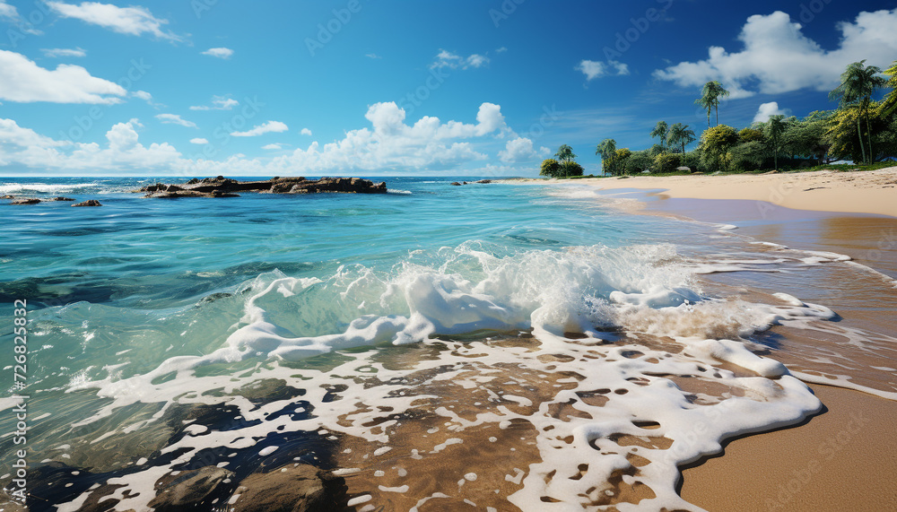 Tropical coastline, turquoise waters, palm trees, serene sunset generated by AI