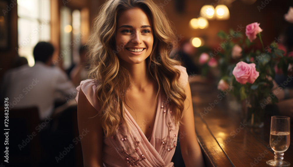 Young woman enjoying a drink, smiling confidently, indoors at night generated by AI