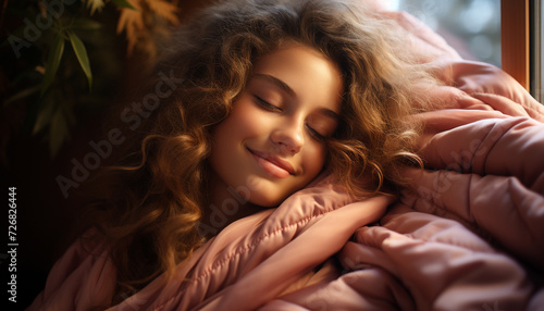A beautiful woman, smiling, resting on a comfortable pillow generated by AI
