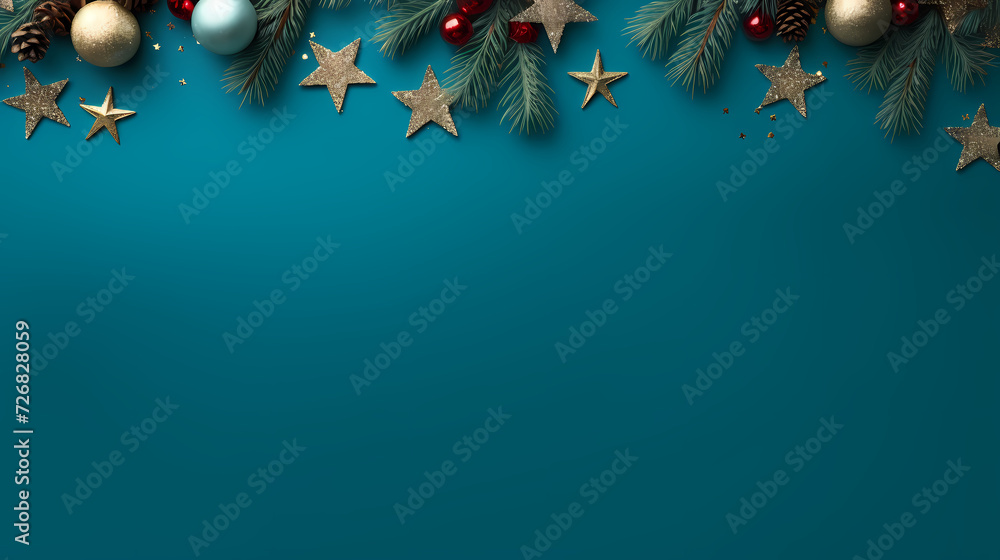 Flat lay composition for festive background with festive decorations and stars Flat lay composition for festive background with festive decorations and stars