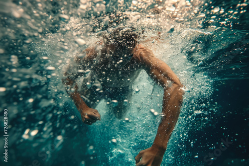 man trying to swim to the surface  with his legs kicking frantically