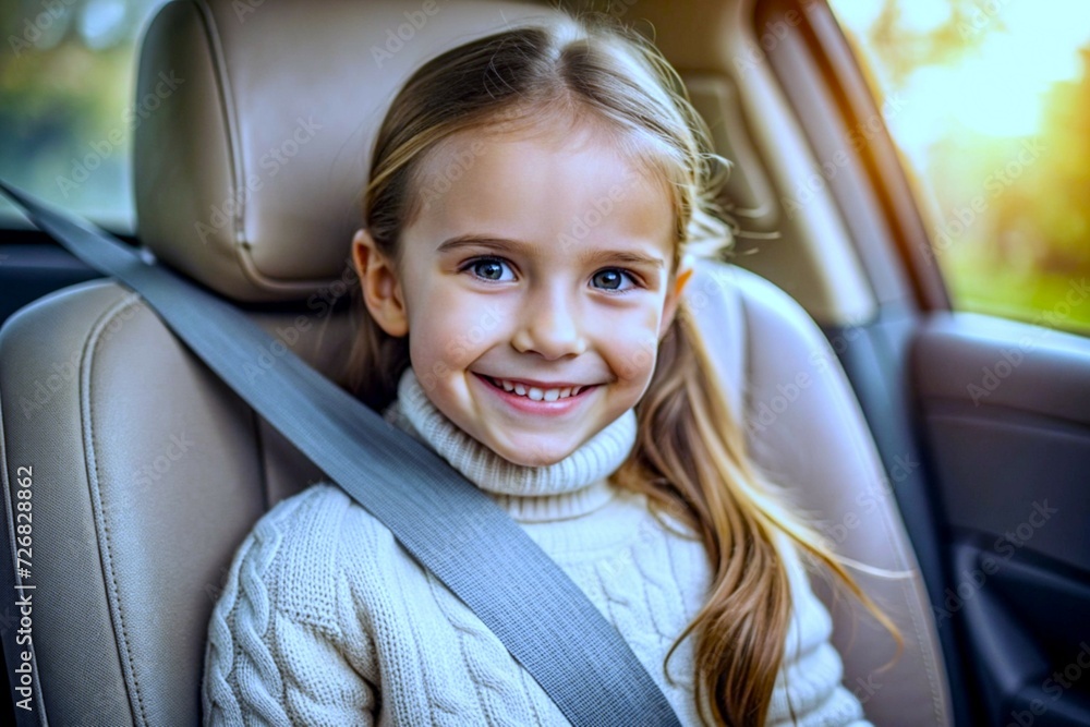 portrait of a girl sitting in a car. kid with the seat belt. portrait of a girl sitting in a car. kid with the seat belt.