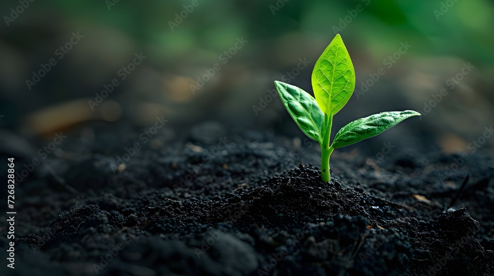 a close-up macro photo of a young green tree plant sprout or fern growing up from the black soil in the forest. Growth new life concept a close-up macro photo of a young green tree plant sprout or fern growing up from the black soil in the forest. Growth new life concept