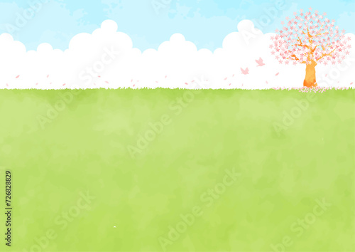 桜の木とのどかな草原の風景イラスト