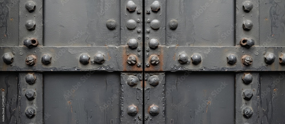 Gray metal gates with reinforcement and bolts in close-up.