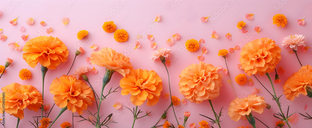 Spring marigold flowers on pink pastel background top view in flat lay style, suitable for womens or mothers day greeting or spring sale banner. Spring marigold flowers on pink pastel background top view in flat lay style, suitable for womens or mothers day greeting or spring sale banner.