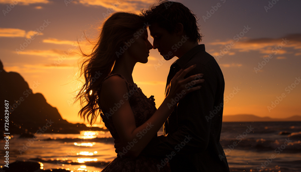 Young couple embracing, enjoying sunset, love and happiness generated by AI