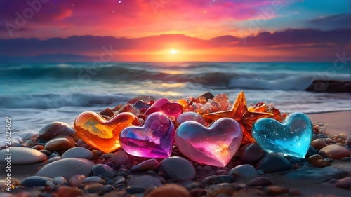 heart shaped stones on the beach heart shape transparent rainbow colorful and shiny quartz jems  photo