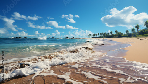 Tropical coastline  blue wave  sand  and relaxation generated by AI