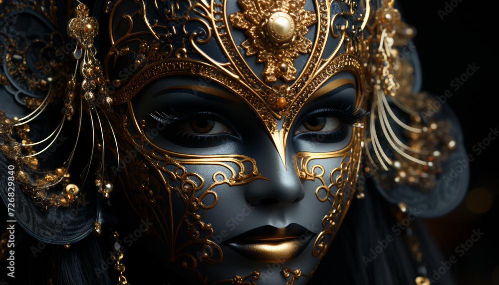 A golden mask adorns the face of elegance and beauty generated by AI