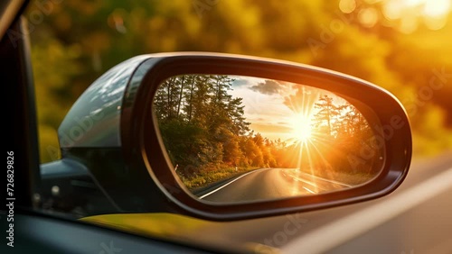 Through the cars side mirror we see the changing scenery reflected from lush green forests to arid desert landscapes as the car continues its journey. photo