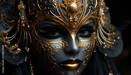 A golden mask adorns the face of elegance and beauty generated by AI