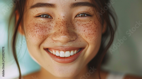 そばかす、完璧な肌と笑顔の日本人女性GenerativeAI photo