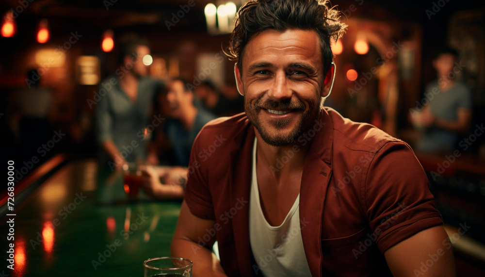 Obraz premium One man sitting at bar, smiling, enjoying drink with friends generated by AI
