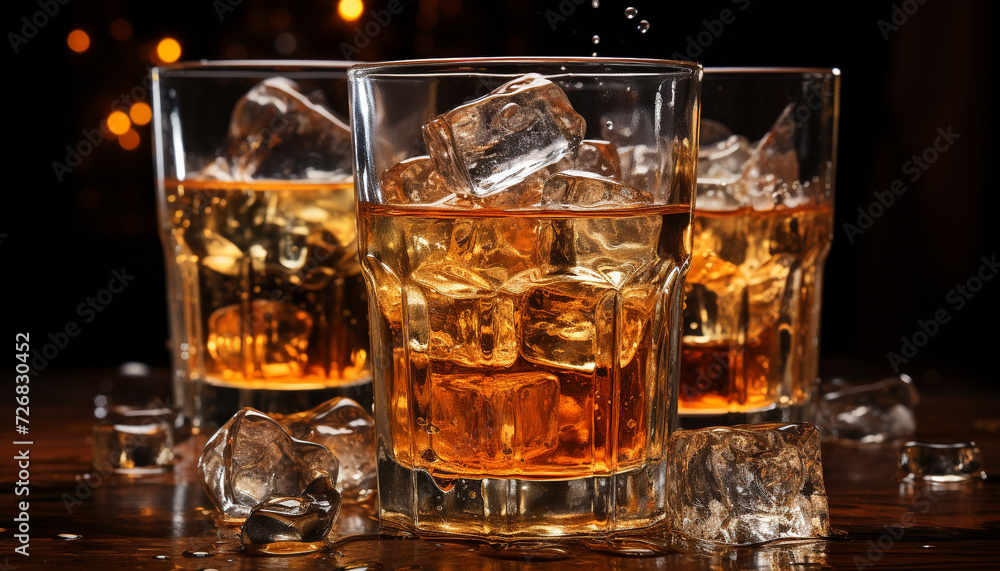 A wet glass of whiskey on a dark bar table generated by AI A wet glass of whiskey on a dark bar table generated by AI