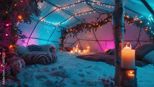 A magical igloo decorated with neon lights and filled with cozy furs and ling candles. photo