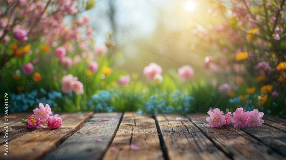 Wooden Table in Spring Garden Setting Wooden Table in Spring Garden Setting