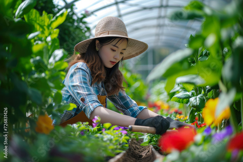 model gardening in a greenhouse with a gloves and a shovel in a horticultural hobby