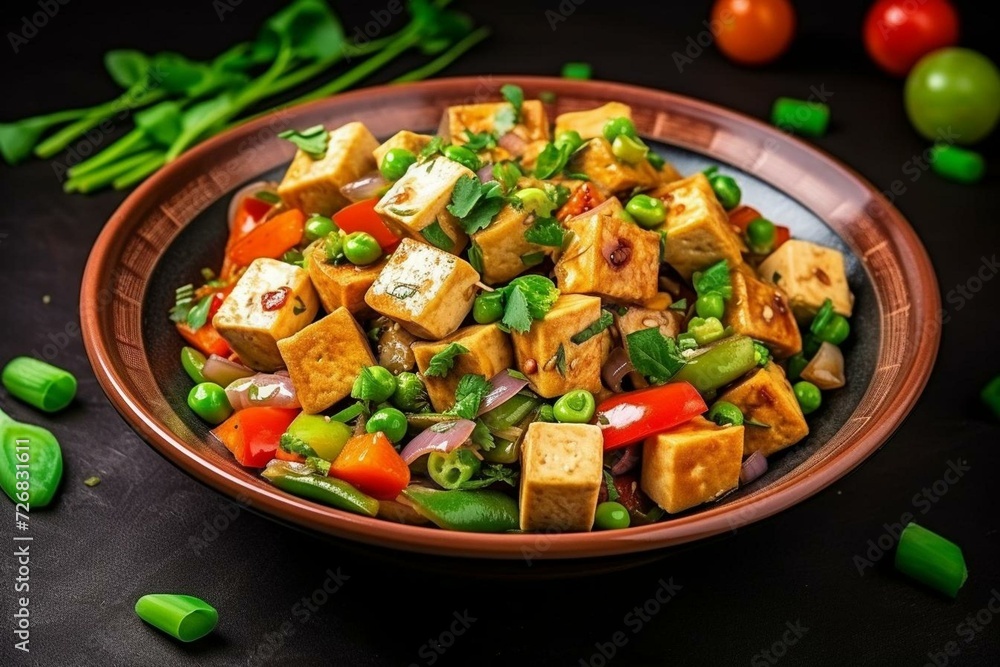 Healthy plant-based stir-fry with tofu and vegetables. Generative AI