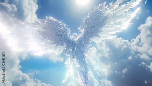 Adorned with intricate runes this angels wings give off a soft glow as they gracefully soar through the heavens. photo
