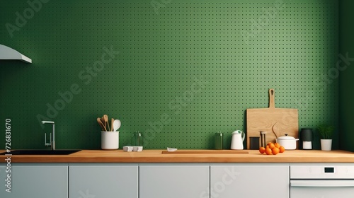 Interior of stylish kitchen with white counters and hanging peg board on green wall photo