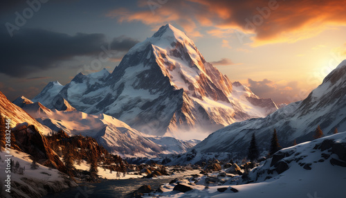Majestic mountain peak  snowcapped and serene  a tranquil winter generated by AI