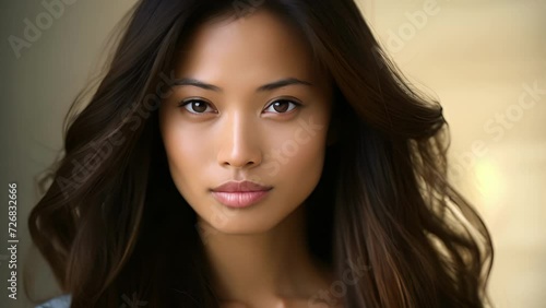A closeup portrait of an Asian woman shows her head and shoulders her gaze directly meeting the camera. Her long dark hair falls in gentle waves onto her light blouse framing her face photo