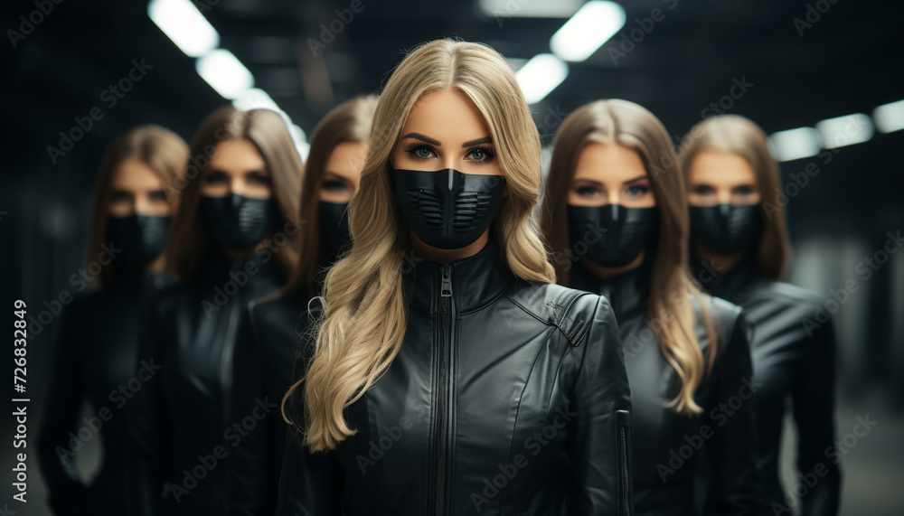 Young adults in workwear, wearing masks, confidently facing the camera generated by AI Young adults in workwear, wearing masks, confidently facing the camera generated by AI
