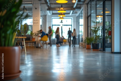 Relaxed Office Dynamics: Bright and Spacious Business Environment, Professionals in Casual Attire. Artfully Blurred Bokeh Background Adds a Touch of Modern Elegance. Generative AI