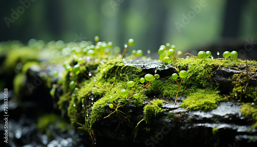 Tranquil forest, green leaves, wet stone, nature abstract beauty generated by AI