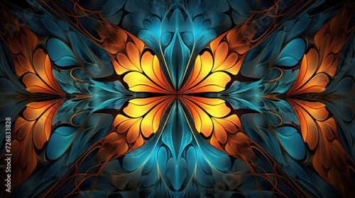 Fabulous symmetrical pattern in stained-glass window style. Blue, orange, and yellow palette. 