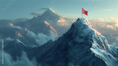 Majestic Mountain With Red Flag Flying on Its Summit