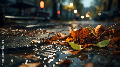 Close-Up of a Pothole Filled with Rainwater and Floating Leaves