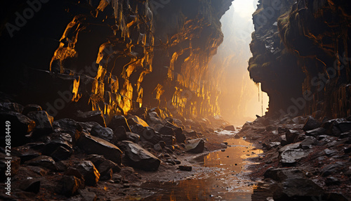 Majestic mountain reflects sunlight, creating a tranquil scene generated by AI