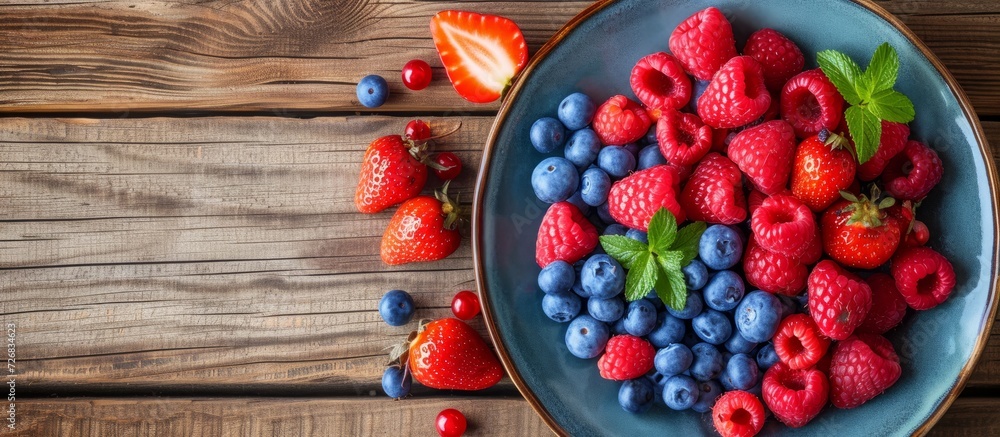 Plate with strawberries, blueberries, raspberries on wooden table with empty area for text Plate with strawberries, blueberries, raspberries on wooden table with empty area for text