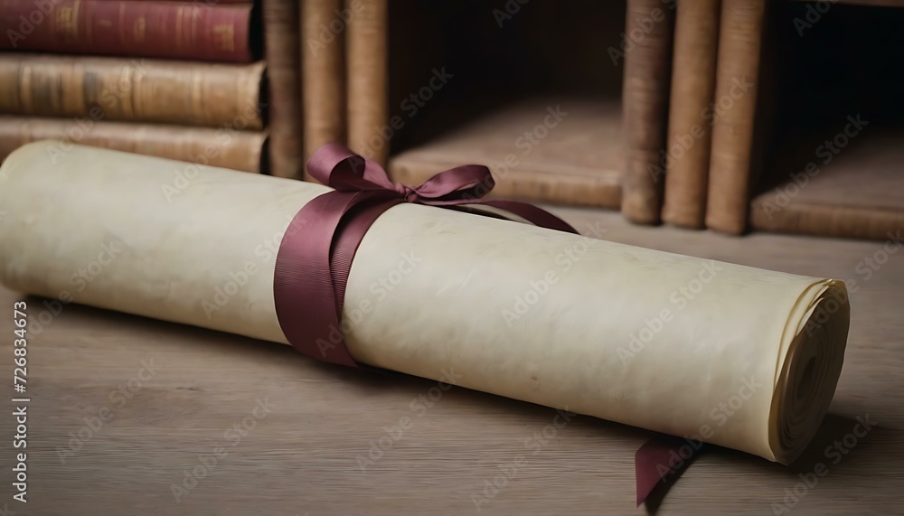 A stack of aged parchment scrolls, tied with faded ribbon, in a dusty library archive