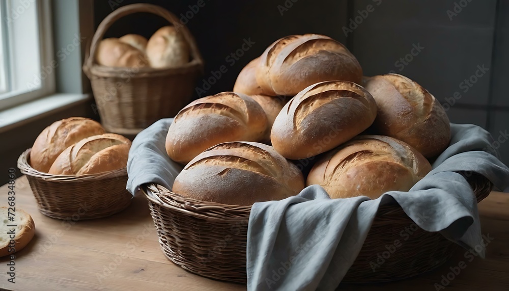 A woven basket, overflowing with freshly baked bread loaves, on a farmhouse kitchen table