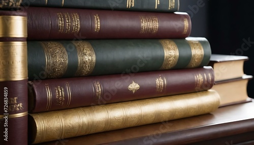 A stack of antique leather-bound books, their spines embossed with gold lettering, on a study desk