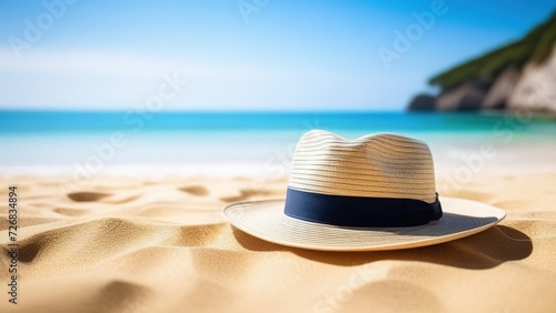 Straw hat  sunglasses on a sandy beach by the sea or ocean  a place for text  the concept of rest and travel