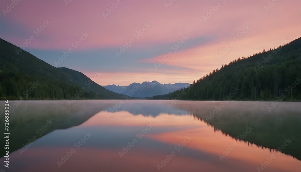 Envision a tranquil lake nestled in the mountains as dawn breaks, The water is perfectly still