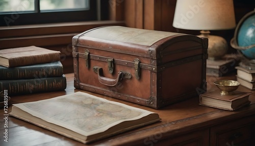 A leather-bound atlas, filled with maps of uncharted territories, resting on a navigator's desk