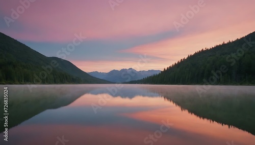 Envision a tranquil lake nestled in the mountains as dawn breaks  The water is perfectly still