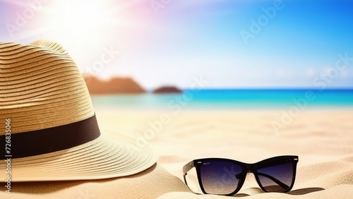 Straw hat, sunglasses on a sandy beach by the sea or ocean, a place for text, the concept of rest and travel