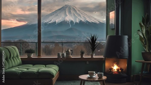 stream overlay background loop animation. Cozy living room with fireplace and window, mountain peak view. vtuber asset twitch zoom OBS screen, anime chill hip hop video photo