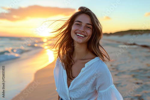 model smiling in a white shirt and blue jeans on a beach with a sunset