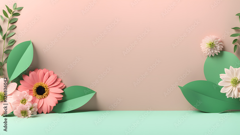 3D flower floral with pink pastel background. Cosmetic or beauty product background for woman's day and mother's day. Copy space floral mockup. 3D flower floral with pink pastel background. Cosmetic or beauty product background for woman's day and mother's day. Copy space floral mockup.