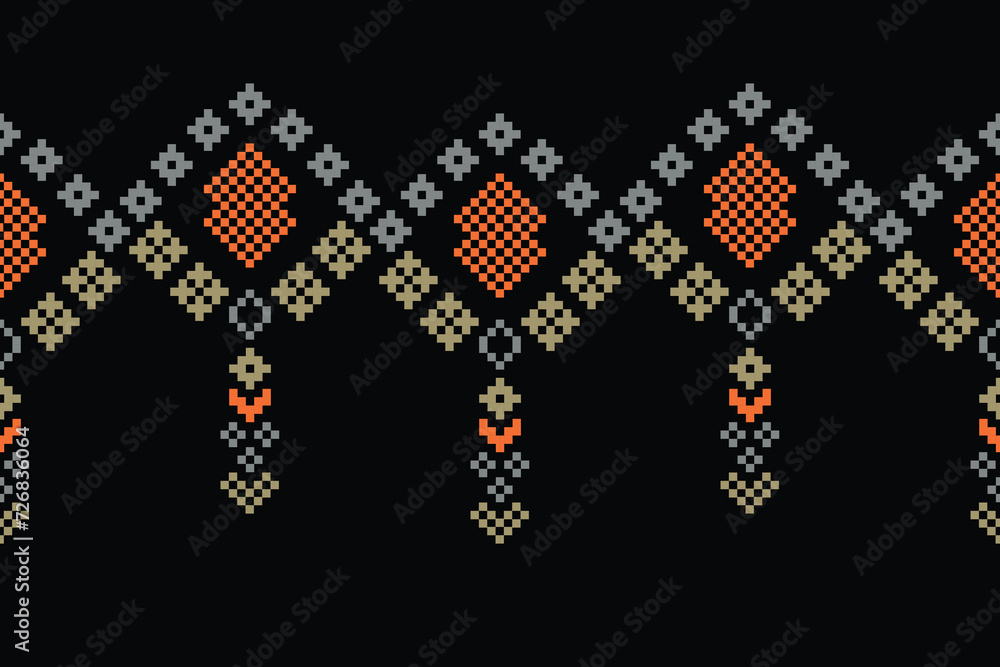 Traditional ethnic motifs ikat geometric fabric pattern cross stitch.Ikat embroidery Ethnic oriental Pixel black background.Abstract,vector,illustration. Texture,scarf,decoration,wallpaper. Traditional ethnic motifs ikat geometric fabric pattern cross stitch.Ikat embroidery Ethnic oriental Pixel black background.Abstract,vector,illustration. Texture,scarf,decoration,wallpaper.
