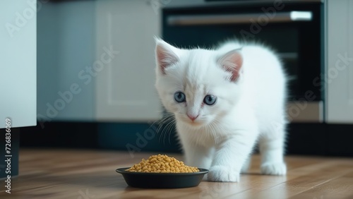 A white kitten eats food from a bowl on the wooden floor. Kittens eat food for young children. Portrait of a kitten during a meal