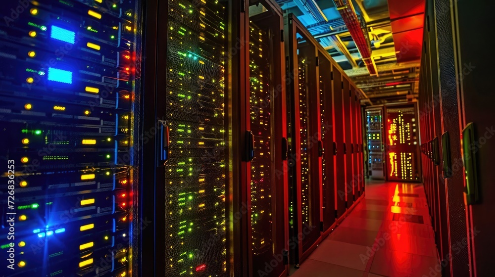 Vibrant Lights Illuminate a Long Server Room Corridor Generative AI Vibrant Lights Illuminate a Long Server Room Corridor Generative AI