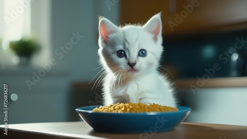 A white kitten eats food from a bowl on the wooden floor. Kittens eat food for young children. Portrait of a kitten during a meal